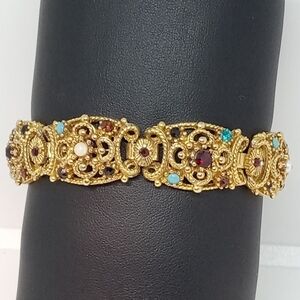 * vintage amazing Sphinx faux pearl & multi-color rhinestones bracelet 7.5"